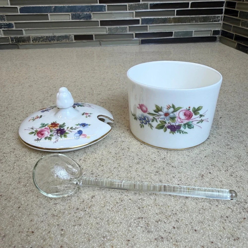 Vintage Minton Marlow Bone China Jam Pot w/ Lid & Glass Spoon Floral England